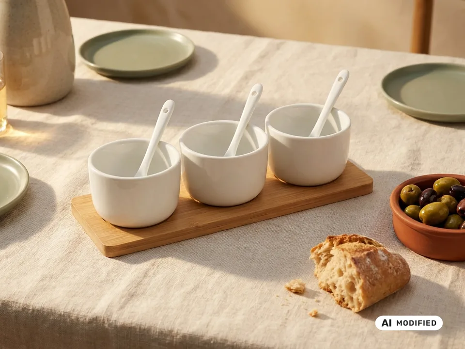 ROXETTE Dip-Set, 7-tlg. – 3× Schälchen, 3× Löffel, Porzellan, Holz-Untersetzer, spülmaschinenfest
